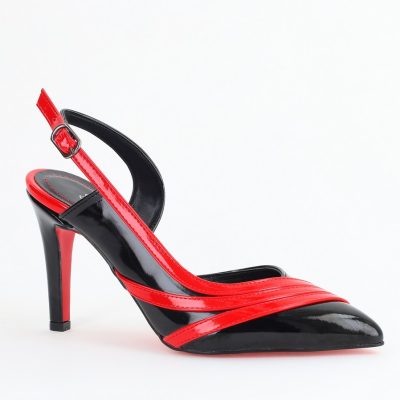 Pantofi Damă cu Toc Subțire din Piele Ecologică Negru-Roșu BS793AY2405549