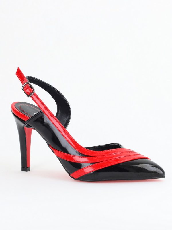 Incaltaminte Dama - Pantofi Damă cu Toc Subțire din Piele Ecologică Negru-Roșu BS793AY2405549