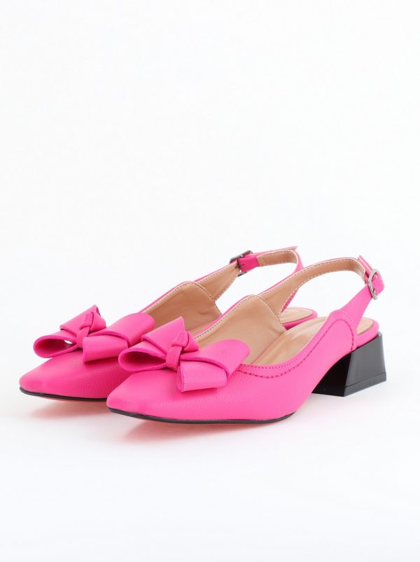 Pantofi Damă cu Toc Jos Deschiși cu Fundiță din Piele Ecologică Fuchsia Mat 120