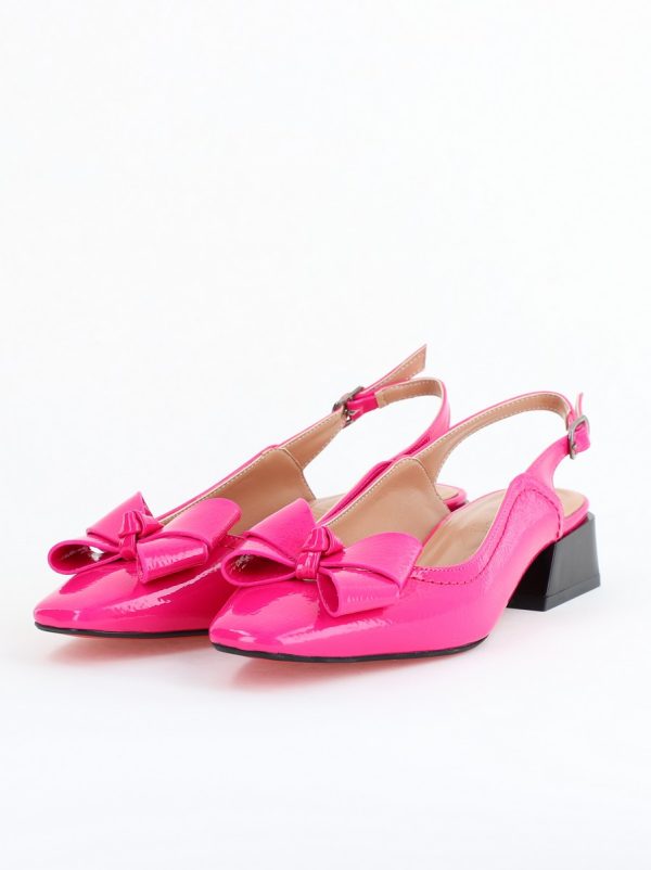 Pantofi Damă cu Toc Jos Deschiși cu Fundiță din Piele Ecologică Fuchsia Lac 120