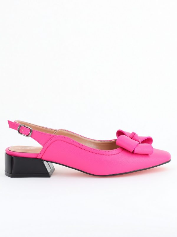 Pantofi Damă cu Toc Jos Deschiși cu Fundiță din Piele Ecologică Fuchsia Mat 122