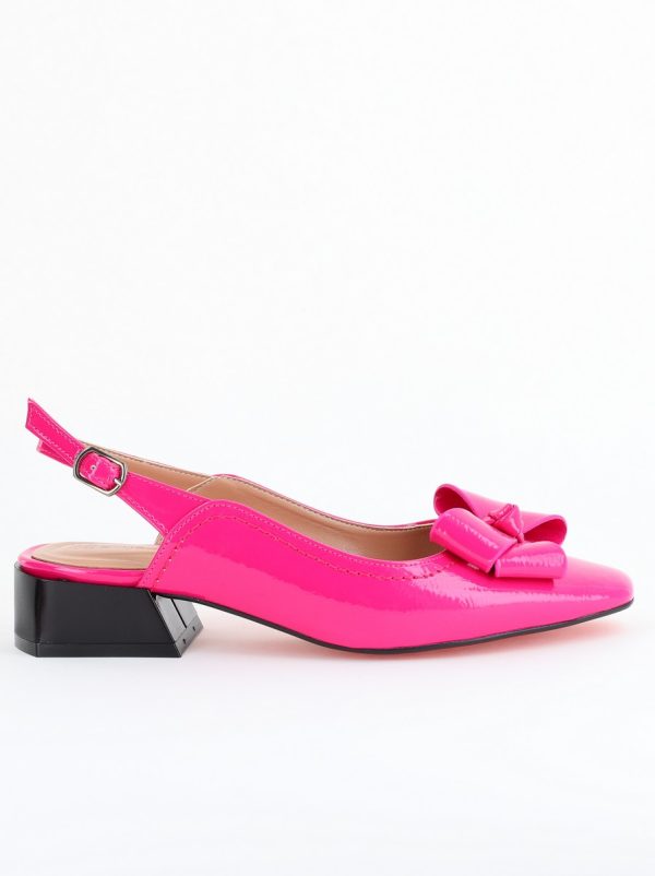 Pantofi Damă cu Toc Jos Deschiși cu Fundiță din Piele Ecologică Fuchsia Lac 122