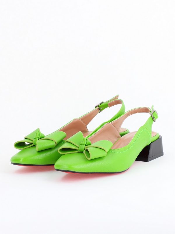Pantofi Damă cu Toc Jos Deschiși cu Fundiță din Piele Ecologică Verde lemon Mat 120