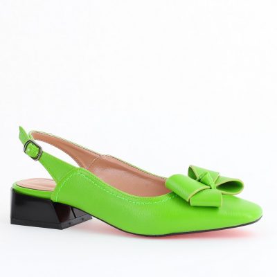 Pantofi Damă cu Toc Jos Deschiși cu Fundiță din Piele Ecologică Verde lemon Mat