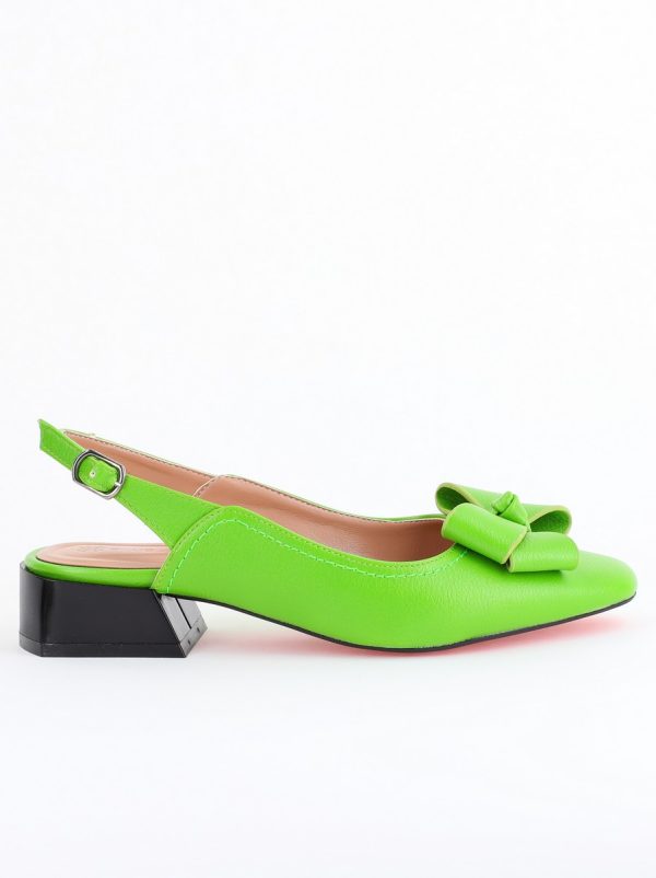 Pantofi Damă cu Toc Jos Deschiși cu Fundiță din Piele Ecologică Verde lemon Mat 124