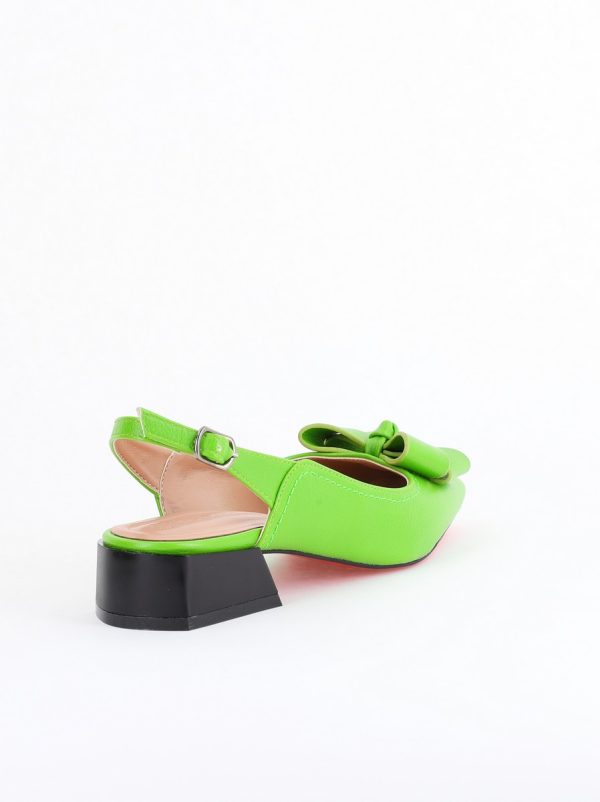 Pantofi Damă cu Toc Jos Deschiși cu Fundiță din Piele Ecologică Verde lemon Mat 126
