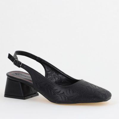Pantofi Damă Negri cu Toc Jos din Piele Ecologică modele cu microperforații