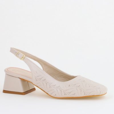 Pantofi Damă Bej cu Toc Jos din Piele Ecologică modele cu microperforații