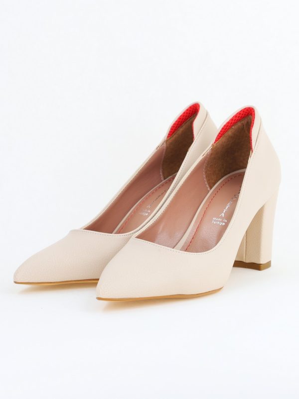 Pantofi pentru Femei cu Toc Gros Piele Ecologică Varf Ascutit culoare Crem - BS980KAY2405542 119