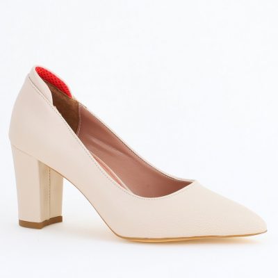 Pantofi pentru Femei cu Toc Gros Piele Ecologică Varf Ascutit culoare Crem - BS980KAY2405542
