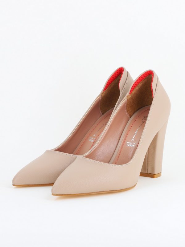 Pantofi pentru Femei cu Toc Gros Piele Ecologică Varf Ascutit culoare Bej-Nud - BS980AY2405508 119
