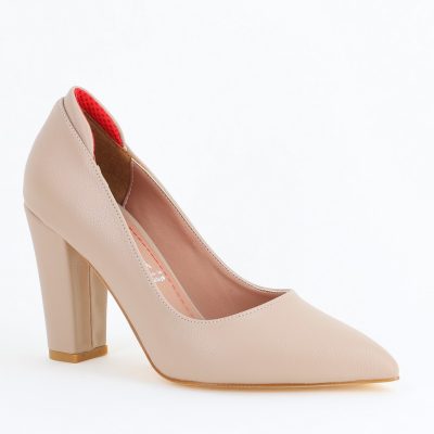 Pantofi pentru Femei cu Toc Gros Piele Ecologică Varf Ascutit culoare Bej-Nud - BS980AY2405508