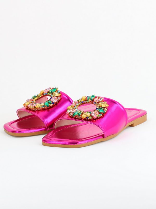 Papuci Dama Piele Ecologica Fuchsia metalic cu pietricele 120