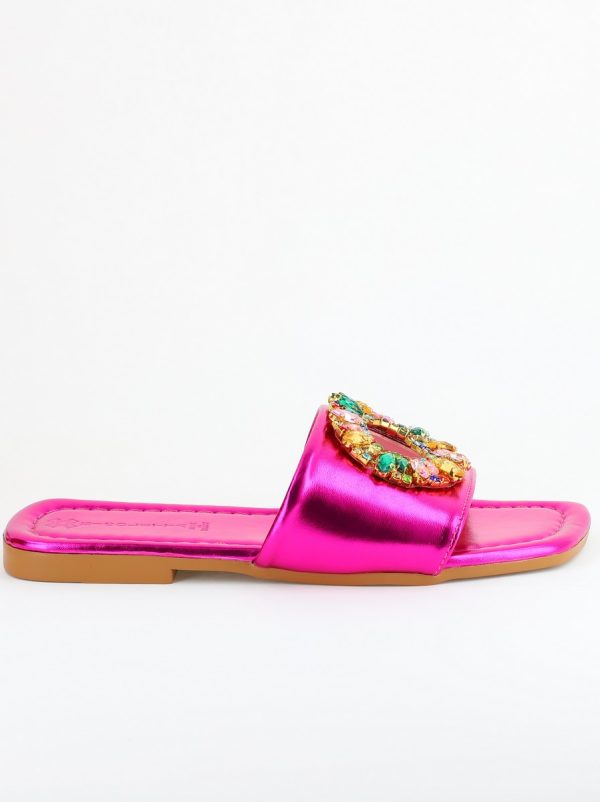 Papuci Dama Piele Ecologica Fuchsia metalic cu pietricele 122