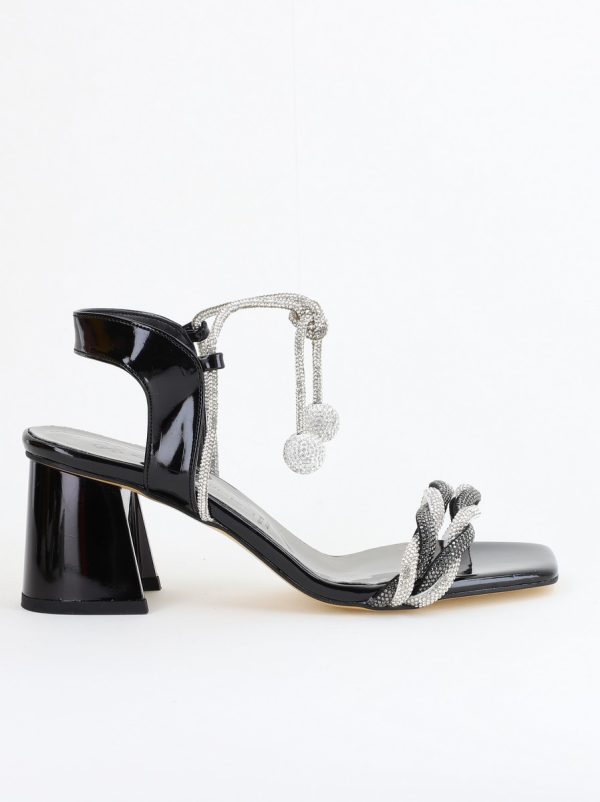 Sandale damă cu toc negru din piele ecologică accesorizati cu strasuri 122