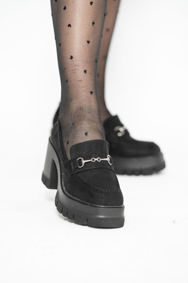 Pantofi Damă Casual cu Toc Tip Loafer din Piele Ecologică Negru catifelat- BS604AY2409911 123
