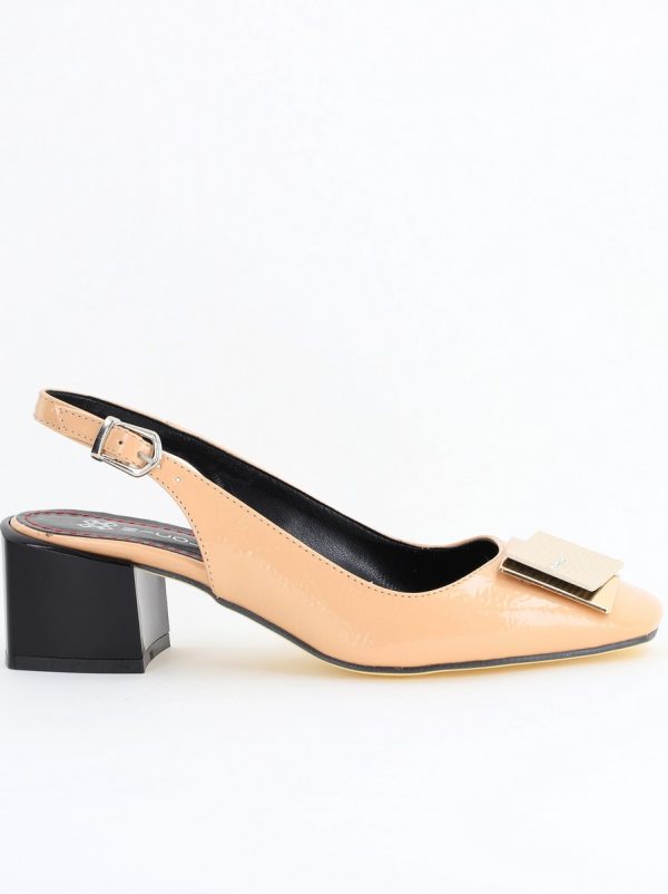 Pantofi cu Toc Eleganti Decupați cu Pietricele din Piele Ecologica culoare Bej Inchis Lucios - BS1311AY2407748 120