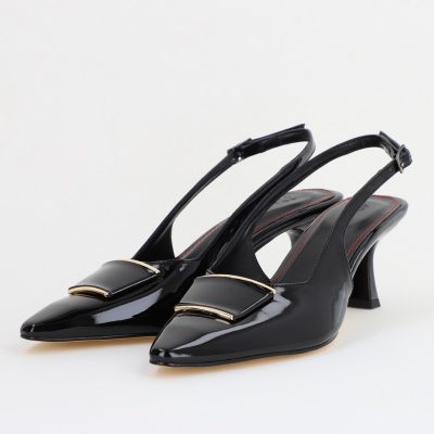 Pantofi cu Toc jos Decupați cu Pietricele din Piele Ecologica culoare Negru Lac - BS542AY2407767