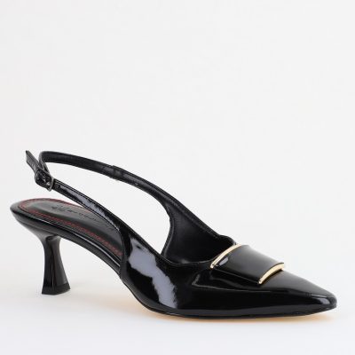 Pantofi cu Toc jos Decupați cu Pietricele din Piele Ecologica culoare Negru Lac - BS542AY2407767