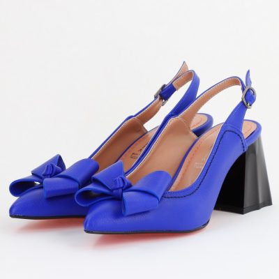 Pantofi damă cu Toc Eleganti Albaștri Decupați cu Fundiță din Piele Ecologica