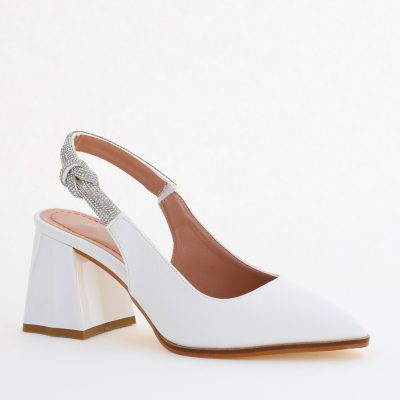 Pantofi damă cu Toc Eleganti Albi Decupați cu pietricele din Piele Ecologica BS749AY2407757