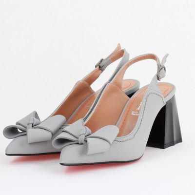 Pantofi damă cu Toc Eleganti Gri Decupați cu Fundiță din Piele Ecologica