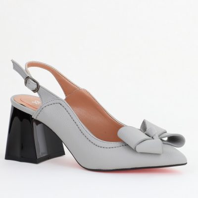 Pantofi damă cu Toc Eleganti Gri Decupați cu Fundiță din Piele Ecologica