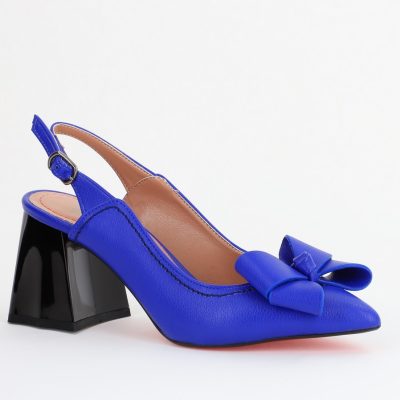 Pantofi damă cu Toc Eleganti Albaștri Decupați cu Fundiță din Piele Ecologica