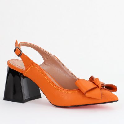 Pantofi damă cu Toc Eleganti portocaliu Decupați cu Fundiță din Piele Ecologica