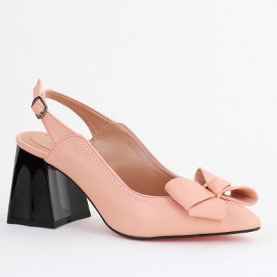 Pantofi damă cu Toc Eleganti Roz Decupați cu Fundiță din Piele Ecologica