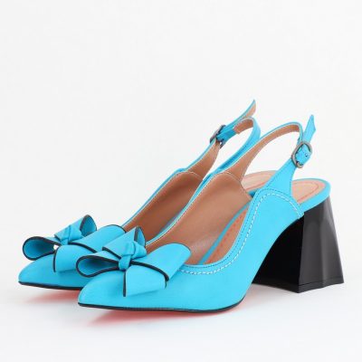 Pantofi damă cu Toc Eleganti Turcoaz Decupați cu Fundiță din Piele Ecologica