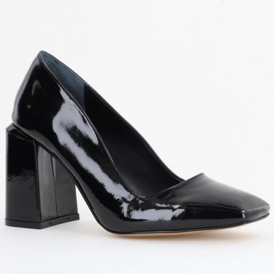 Pantofi Damă cu Toc Gros din Piele Ecologică texturată negru lac BS01AY2402750