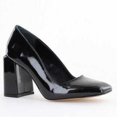 Pantofi Damă cu Toc Gros din Piele Ecologică texturată negru lucios BS01AY2402747