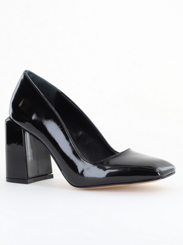 Incaltaminte Dama - Pantofi Damă cu Toc Gros din Piele Ecologică texturată negru lucios BS01AY2402747