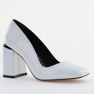 Pantofi Damă cu Toc Gros din Piele Ecologică texturată alb lac BS01AY2402749