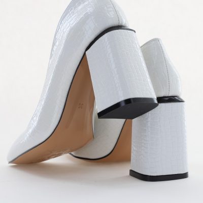Pantofi Damă cu Toc Gros din Piele Ecologică texturată alb lac BS01AY2402749