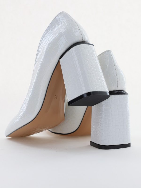 Pantofi Damă cu Toc Gros din Piele Ecologică texturată alb lac BS01AY2402749 119