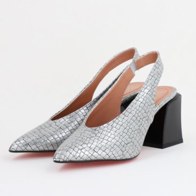 Pantofi Dama cu Toc Gros Varf Ascutit Piele Ecologica Argintiu BS7261AY2407764