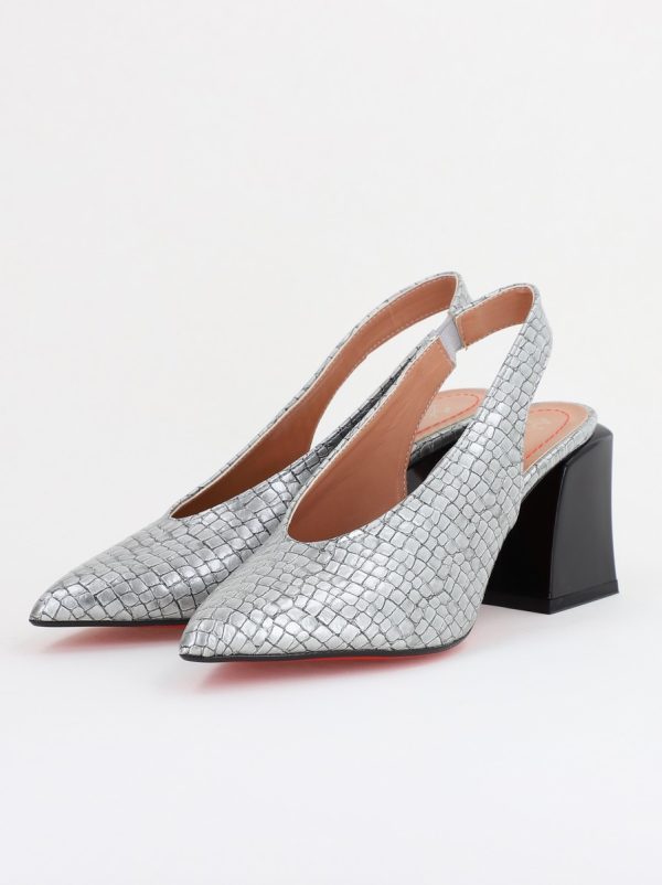Pantofi Dama cu Toc Gros Varf Ascutit Piele Ecologica Argintiu BS7261AY2407764 119