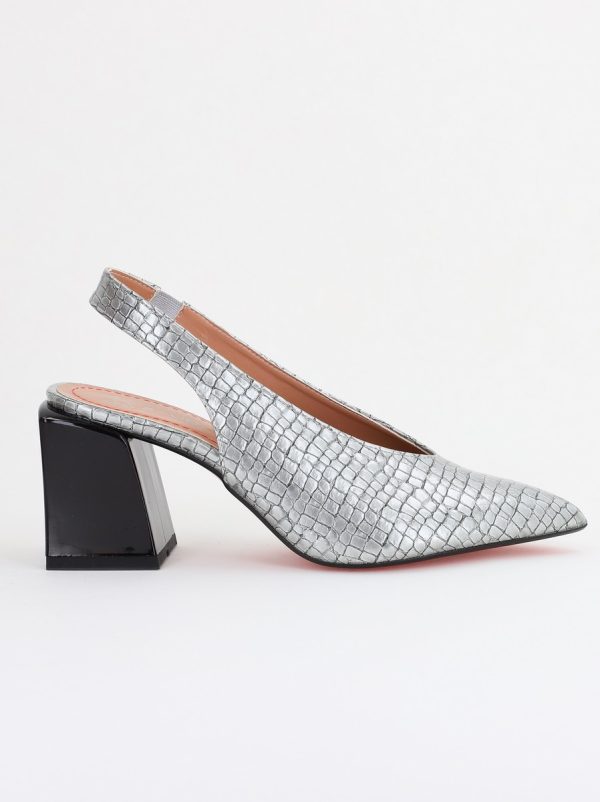 Pantofi Dama cu Toc Gros Varf Ascutit Piele Ecologica Argintiu BS7261AY2407764 120