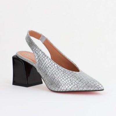 Pantofi Dama cu Toc Gros Varf Ascutit Piele Ecologica Argintiu BS7261AY2407764