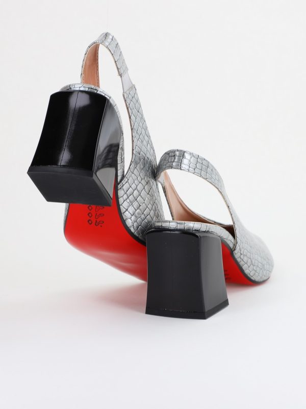 Pantofi Dama cu Toc Gros Varf Ascutit Piele Ecologica Argintiu BS7261AY2407764 122