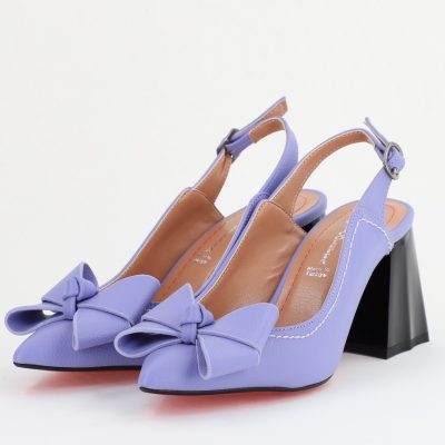 Pantofi damă Mov cu Toc Eleganti Decupați cu Fundiță din Piele Ecologică