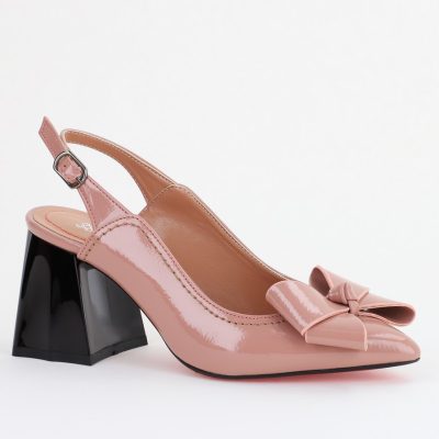 Pantofi damă Roz lucioși cu Toc Eleganti Decupați cu Fundiță din Piele Ecologică