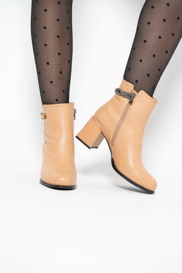 Botine elegante de damă cu toc, din piele ecologică  cu fermoar - culoare Bej mat BS703BT2409818 123
