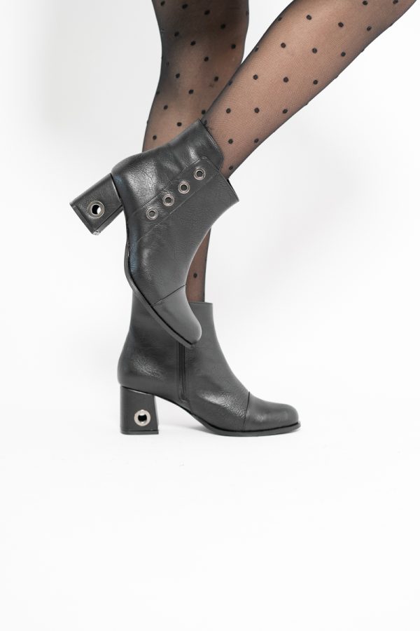 Botine damă cu toc din piele ecologică cu fermoar - culoare Negru Mat 119