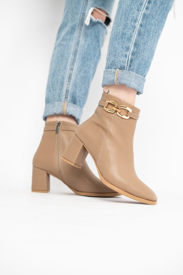 Botine elegante de damă cu toc din piele ecologică cu lanț Taupe BS1064AY2411147 119