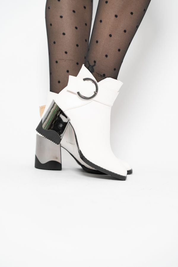 Botine elegante de damă cu toc din piele ecologică  cu fermoar - culoare Alb mat BS552BT2409855 119