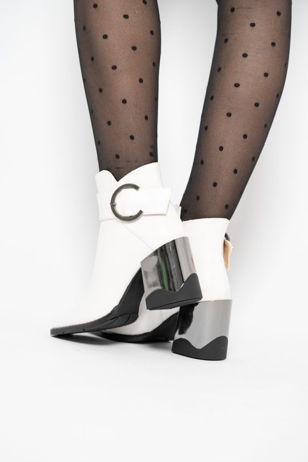 Botine elegante de damă cu toc din piele ecologică  cu fermoar - culoare Alb mat BS552BT2409855 123