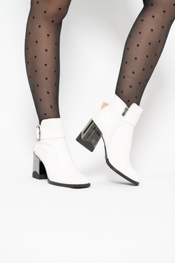 Botine elegante de damă cu toc din piele ecologică  cu fermoar - culoare Alb mat BS552BT2409855 121